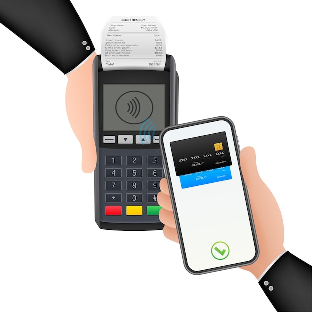 Métodos de pagamento sem contato telefone inteligente móvel e terminal pos sem fio estilo realista. ilustração em vetor das ações.