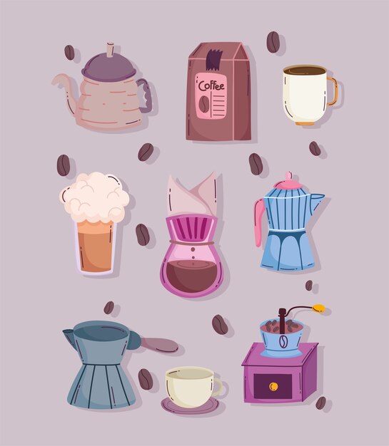 Métodos de preparação de café, moedor manual máquina de gotejamento chaleira copo pacote moka pot icons vector