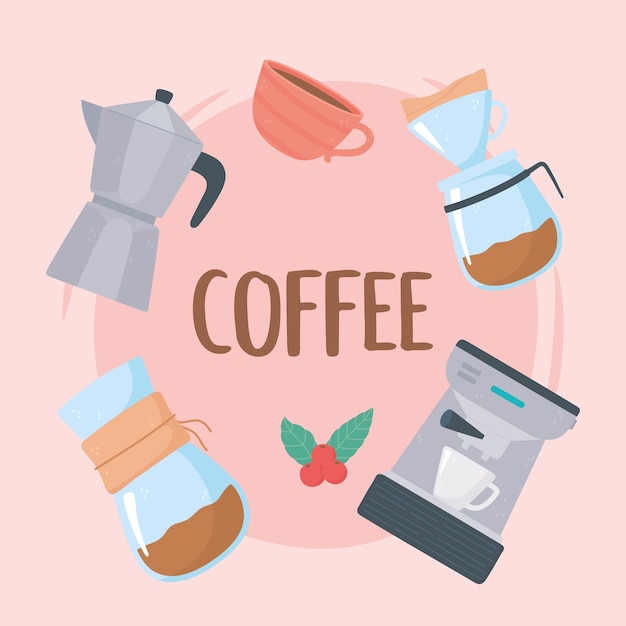 Métodos de preparação de café, prensa francesa, filtro de café, ilustração de cafeteira