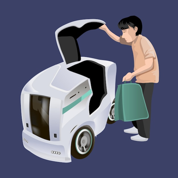 Métodos modernos de entrega de robôs. saco de carregamento de homem para robô auto-dirigir mercadorias de entrega rápida na cidade. conceito de inovação de remessa tecnológica. ilustração vetorial moderna. isolado.