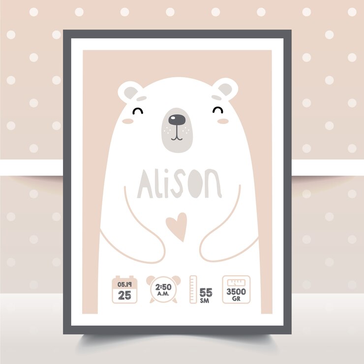Vetor métrica de recém-nascido. cartaz, altura, peso, data de nascimento. urso