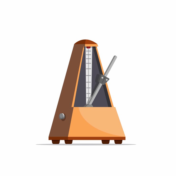 Vetor metrônomo de madeira, ferramenta de instrumento musical na ilustração realista dos desenhos animados, isolada no fundo branco