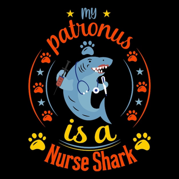 Vetor meu patrono é um design de camiseta de tubarão-enfermeira