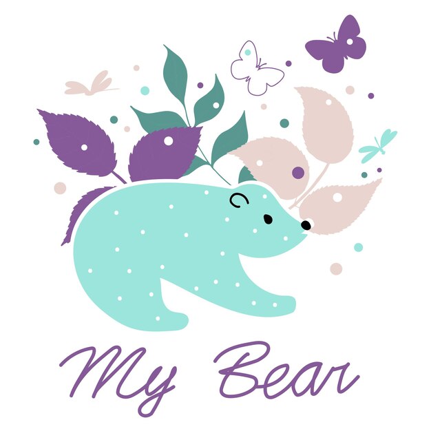 Meu urso Teddy bear em um fundo de folhas coloridas borboletas Doodle estilo escandinavo