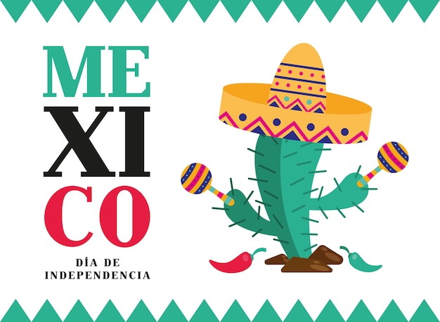 México dia de la independencia cacto com design de chapéu e maracas, ilustração vetorial de tema cultural