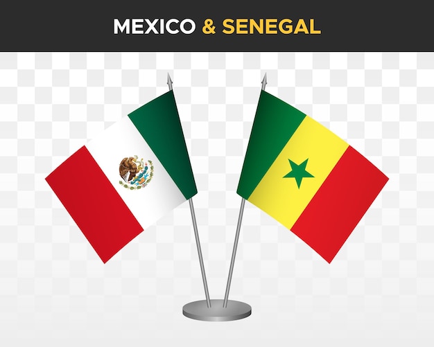 México vs senegal maquete de bandeiras de mesa isolada ilustração vetorial 3d bandeira de mesa mexicana