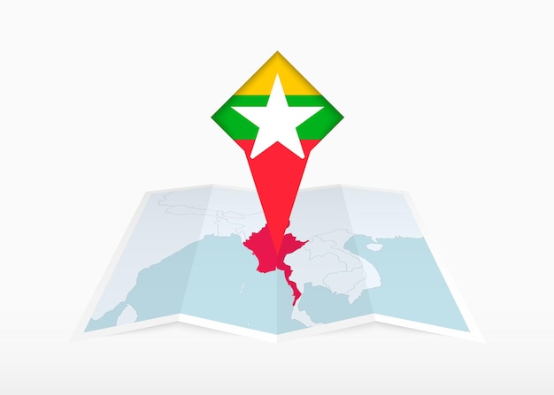 Mianmar é retratado em um mapa de papel dobrado e marcador de localização com a bandeira de mianmar.