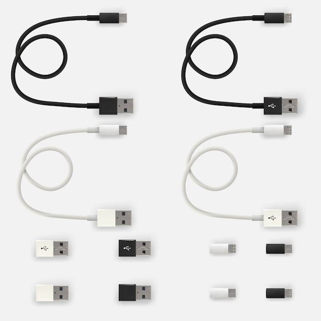 Vetor micro cabos e conectores usb 3d realistas