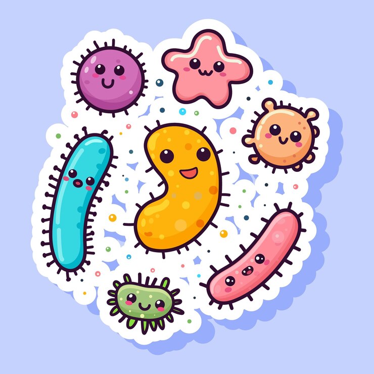 Vetor micróbios bonitos em estilo de desenho animado com rostos sorridente ilustração vetorial em um fundo pontilhado roxo conceito de bactérias amigáveis ilustração vectorial