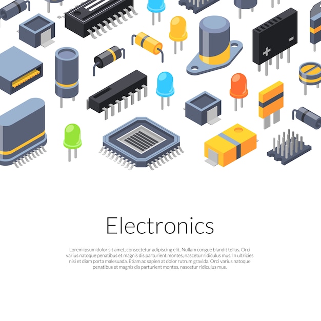 microchips isométricos e ícones de peças eletrônicas