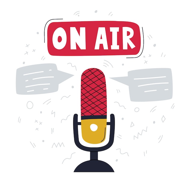 Microfone clássico retrô simples e sinal com letras de mão On air Cover conceito podcast show Equipamento para podcasting ouvindo música Ilustração vetorial plana isolada no fundo branco