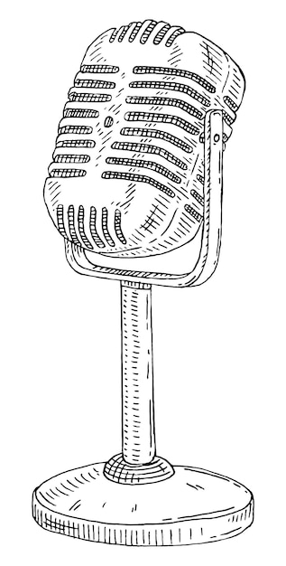 Vetor microfone de metal em um suporte vista lateral ilustração de gravura preta em vetor vintage