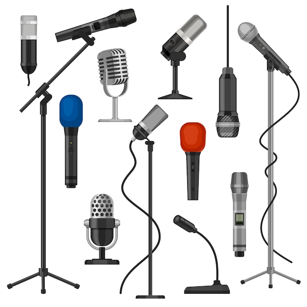 Microfones em suportes. Microfone cantor com fio para performance de palco. Equipamento de gravação de áudio de estúdio de música. Conjunto de vetores de microfone de rádio dos desenhos animados. Microfone de ilustração para transmissão e entretenimento