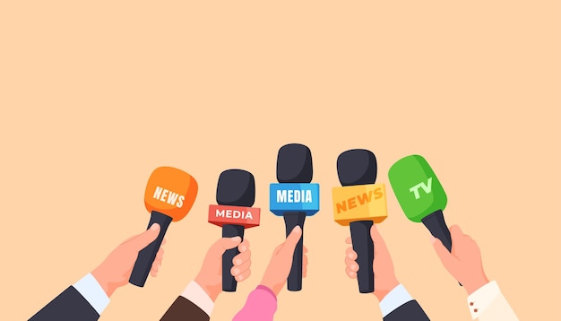 Microfones nas mãos de jornalistas de pessoas O conceito de entrevistar celebridades Ilustração vetorial