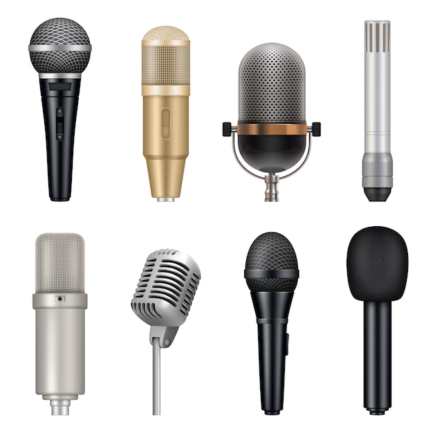 Microfones realistas. conjunto de equipamentos de estúdio de áudio para cantar e falar. ferramentas de karaokê de estúdio, microfone vocal de entretenimento de fala para ilustração gravada