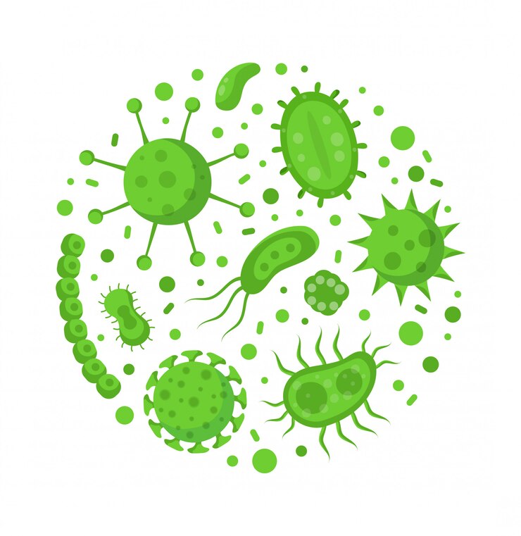 Microrganismo bacteriano em um círculo. Conjunto colorido de bactérias e germes