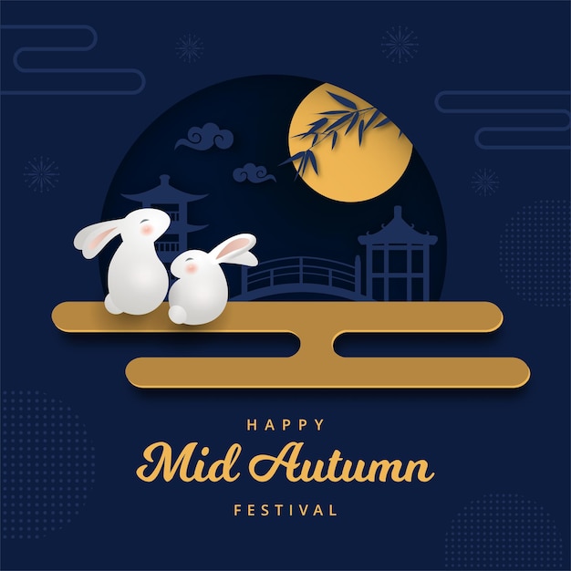 Mid autumn festival banner, coelhos bonitos assistindo a lua cheia. vetor