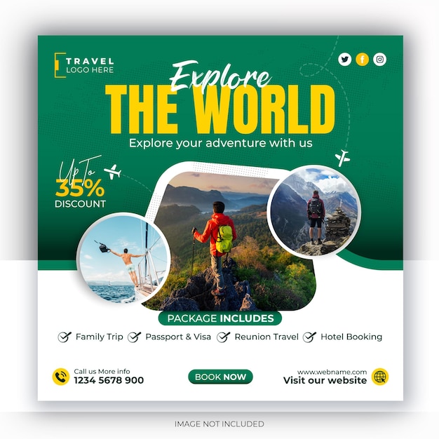 Mídia social de férias Instagram post de viagem promoção de pacote de viagem quadrado flyer modelo de banner web