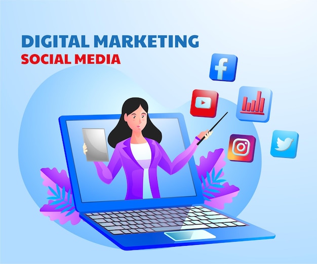 Vetor mídia social de marketing digital com uma mulher e um símbolo de laptop