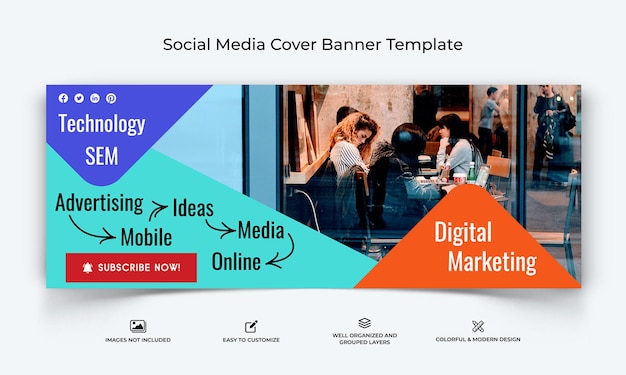 Mídia social de marketing digital modelo de banner de capa do facebook premium vector