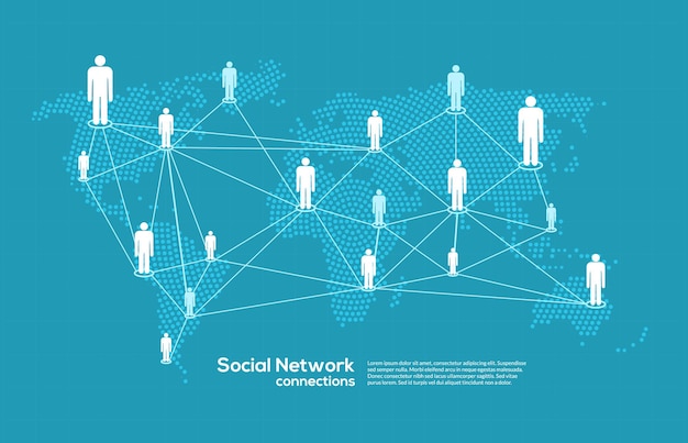 Vetor mídia social e conceito de mapa de conexão de rede. ilustração de rede social de pessoas de comunicação mundial.