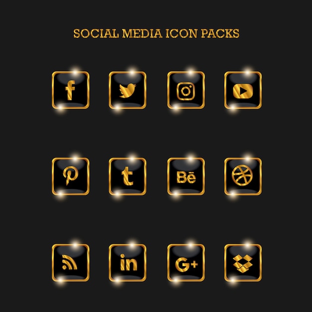 Mídias sociais icon packs square gold