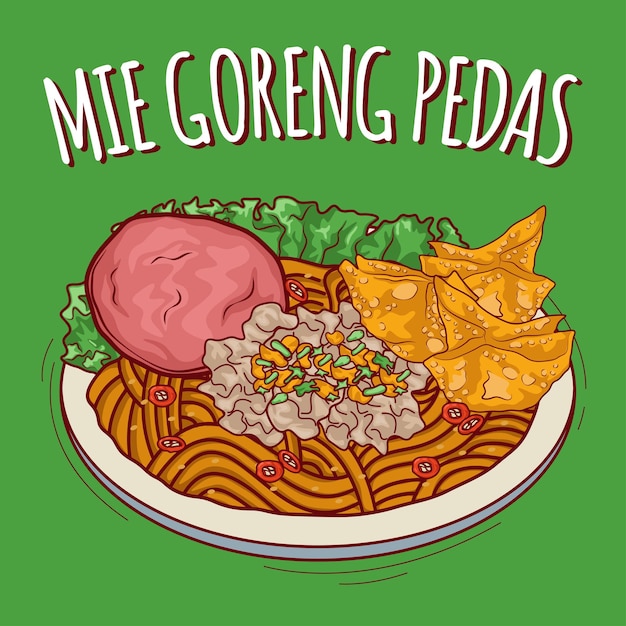 Vetor mie goreng pedas ilustração comida indonésia com estilo cartoon