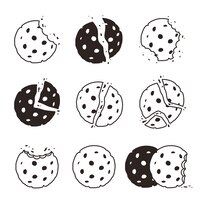 Migalhas de cookies mordidas. lanche deliciosos biscoitos vetoriais símbolo de comida sobremesa estilizado. biscoito de chocolate, sobremesa picada de padaria, pastelaria caseira ilustração preto branco