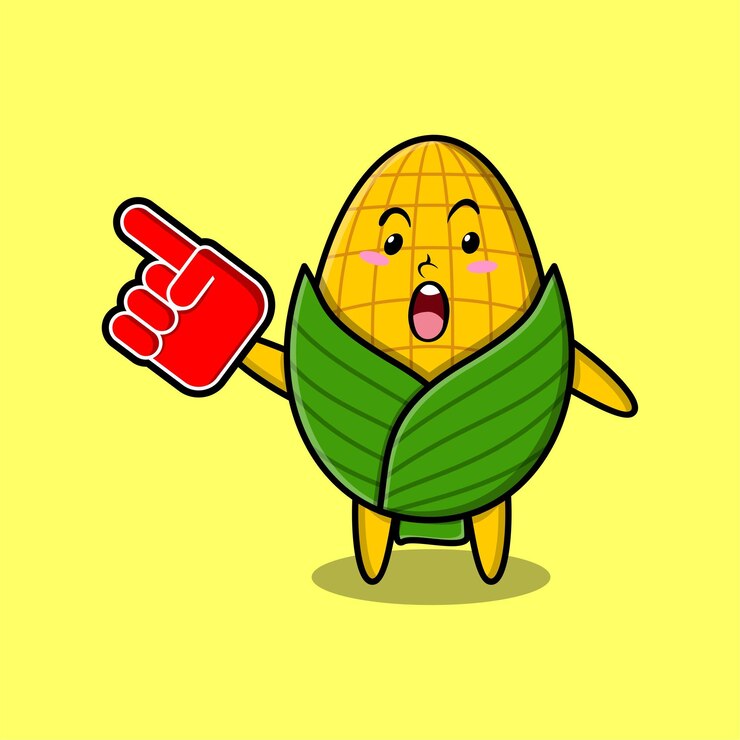 Vetor milho de desenho animado bonito com luva de espuma em design moderno para elemento de logotipo de adesivo de camiseta