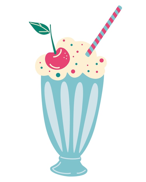 Milk-shake com chantilly e cereja. smoothie, coquetel. ilustração em vetor de coquetel de milkshake à moda antiga com chantilly e cereja por cima. bebidas de verão. ilustração vetorial de desenho animado