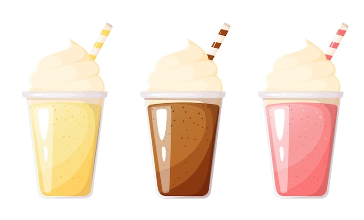 Vetor milk-shake de banana, morango e chocolate com chantilly em copo de plástico