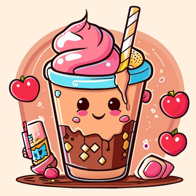 Vetor milkshake fofo com palha cartoon vetor ícone ilustração bebida objeto ícone conceito isolado plano