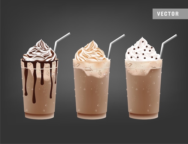 Vetor milkshakes de chocolate gelado realistas