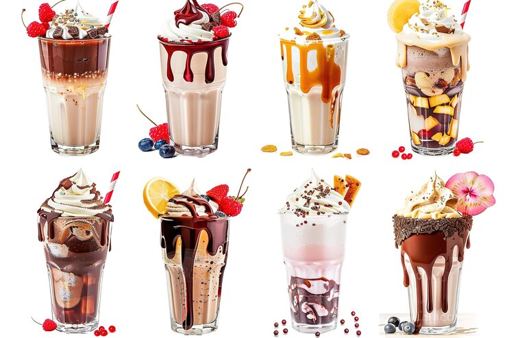 Vetor milkshakes de diferentes sabores sobre um fundo branco