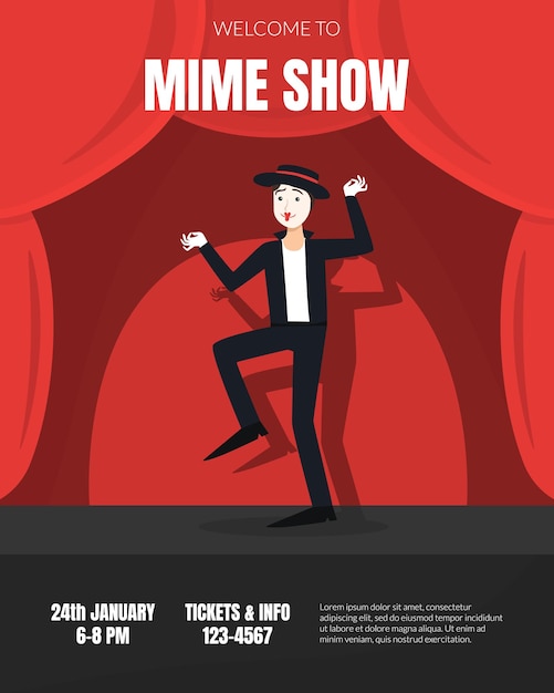 Vetor mime show poster ator masculino executando pantomima no palco ilustração vetorial