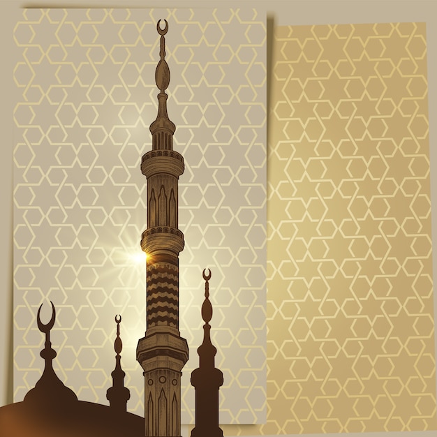Minarete da torre da mesquita no fundo árabe do ornamento