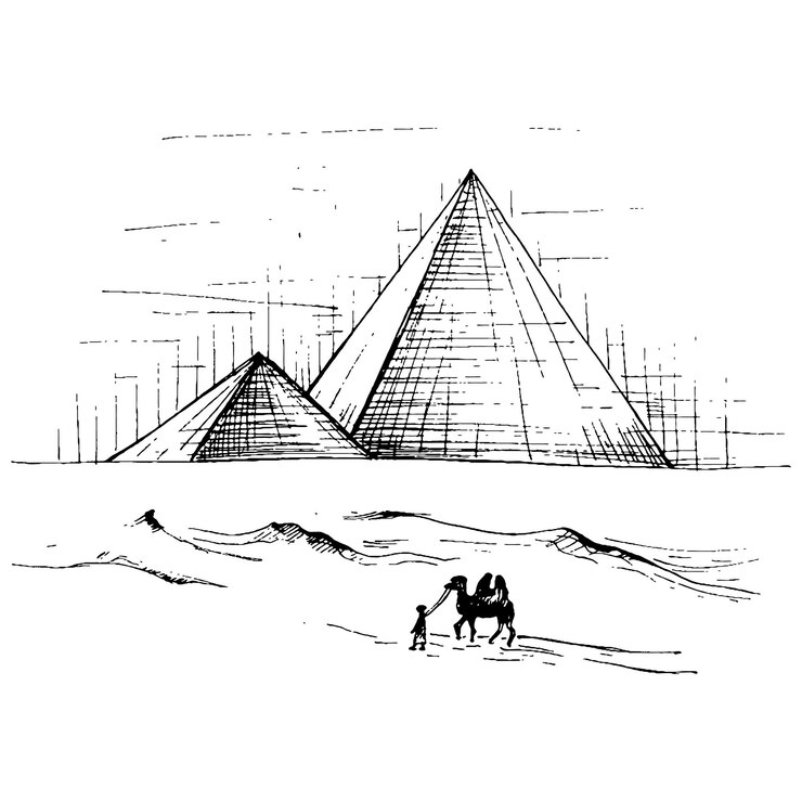 Vetor minaretes de panorama e céu pôr do sol com camelo. ilustração em vetor vintage incubação preta. desenho desenhado à mão