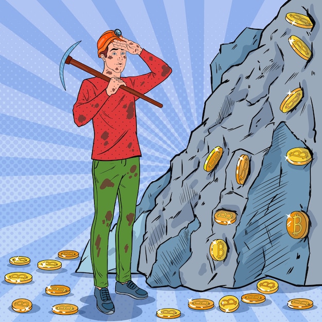 Mineiro de arte pop masculino com capacete e moedas bitcoin de mineração de picareta