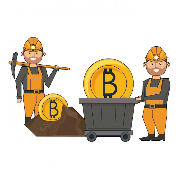 Mineração bitcoin e trabalhadores com pick