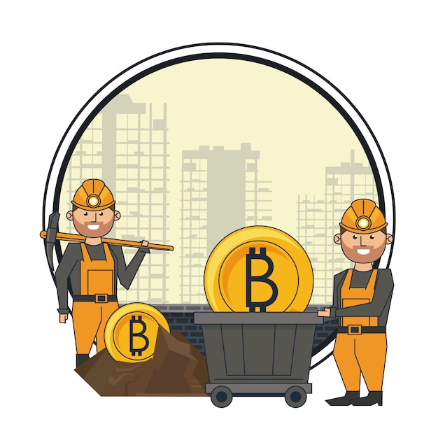 Mineração bitcoin e trabalhadores com pick