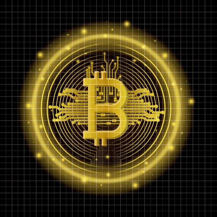 Vetor mineração de bitcoin conjunto de ilustração de vector de ícones de ouro