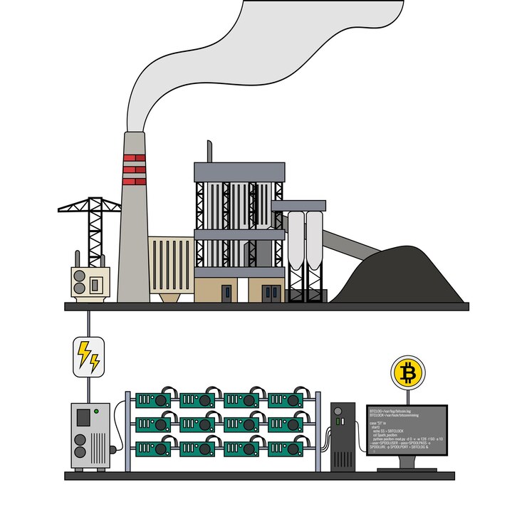 Vetor mineração de criptomoeda, mineração de bitcoin com usina elétrica de carvão em um gráfico simples