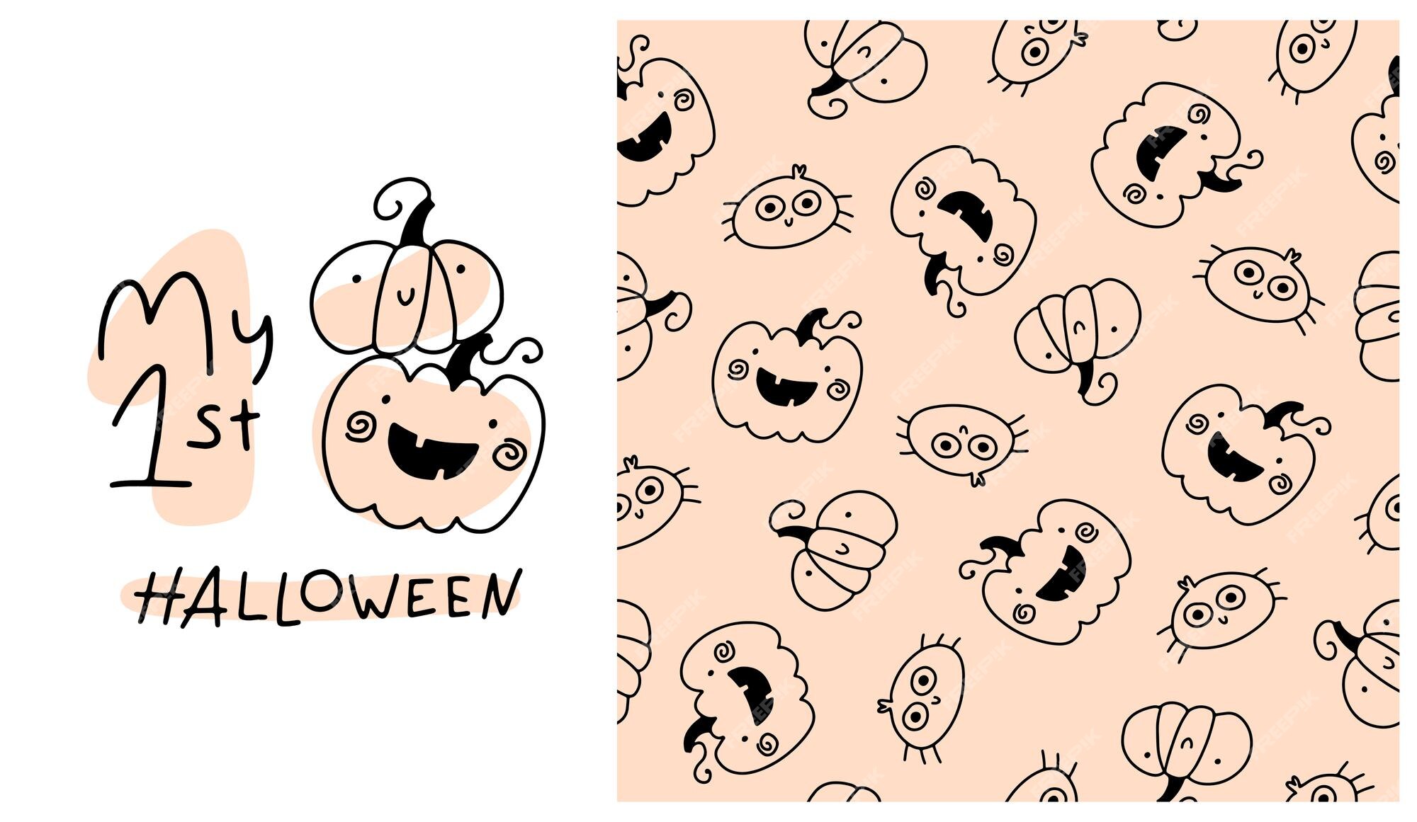 Grande padrão sem emenda de halloween com elementos de estilo doodle  simples de desenho animado