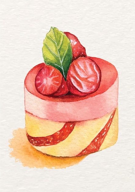 Vetor mini bolo de esponja com aquarela de morango