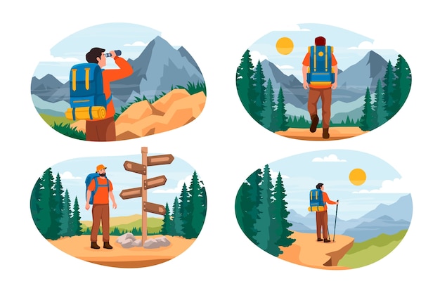 Mini conjunto de composições de caminhadas de desenhos animados desenhados à mão