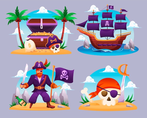 Mini-constituição de piratas planos com personagem e navio pirata
