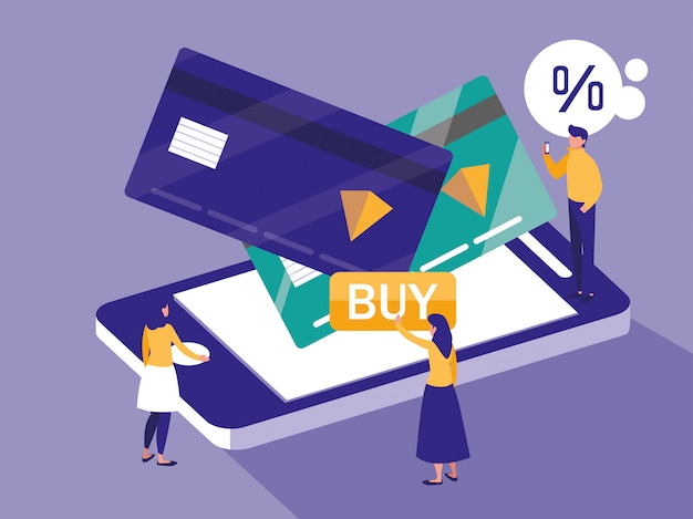 Mini pessoas com smartphone e compras on-line
