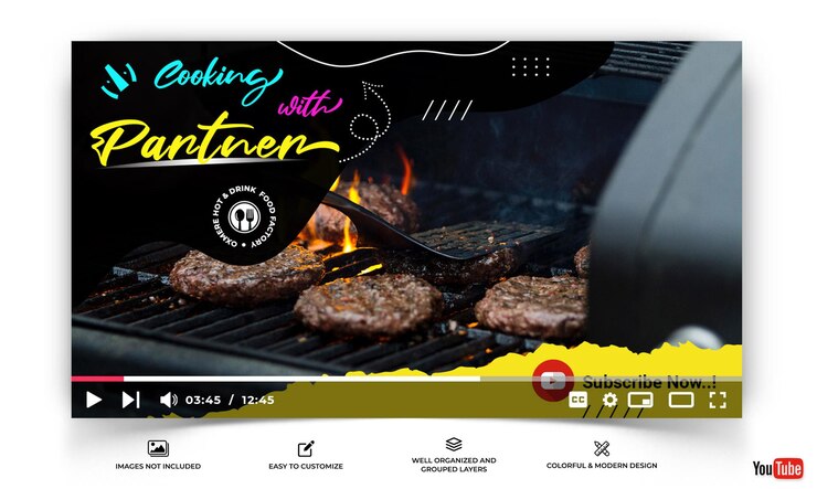 Vetor miniatura do youtube para modelo de culinária e comida premium vector