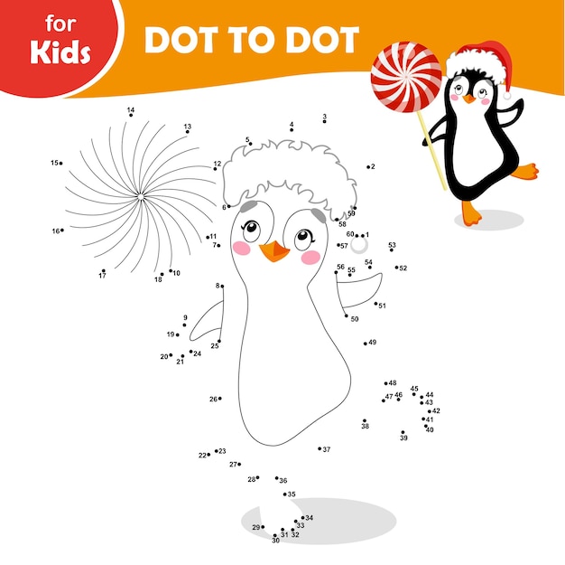 Minijogos para crianças ponto a ponto Pinguim com chapéu de Ano Novo com um pirulito nas mãos