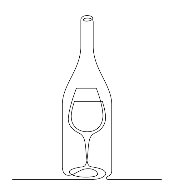 Vetor minimalismo do vinho arte de linha fina vidro contínuo e ilustração de garrafa